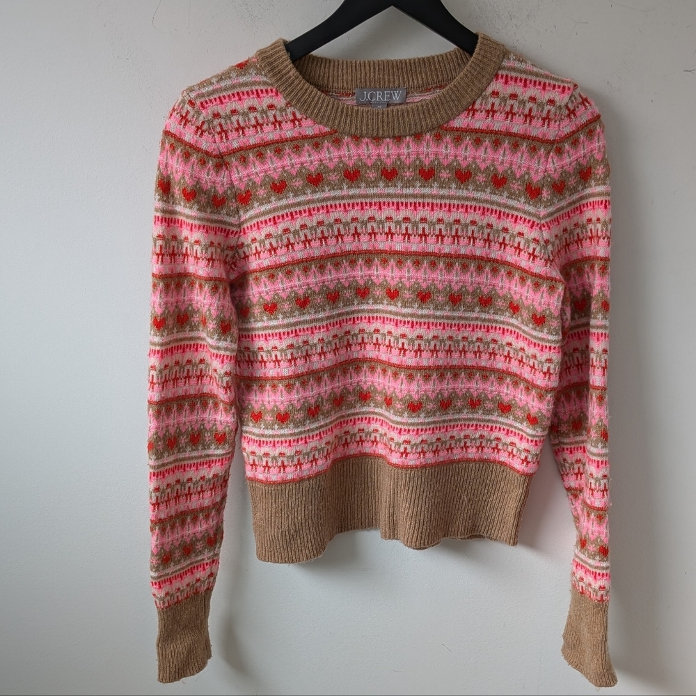 J. Crew 2023 Women's Shrunken Fair Isle Crewneck Lambswool Sweater Valentines XS